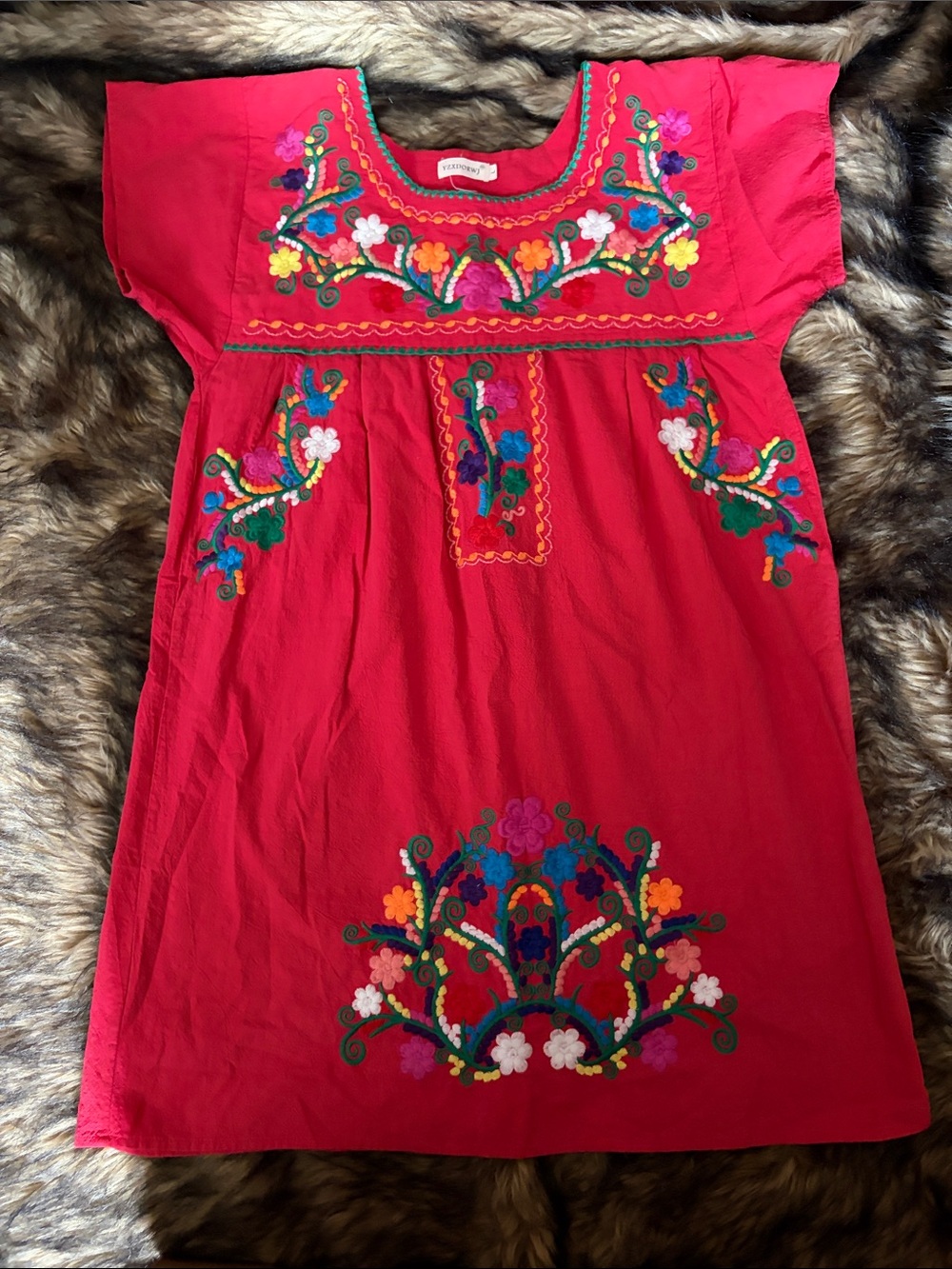 YZXDORWJ Mexican Style Embroidered Floral Cotton Dress Boho peasant Red Size L